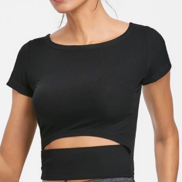 Black ribbed crop top with waist cutout baby - Picture 3 of 4